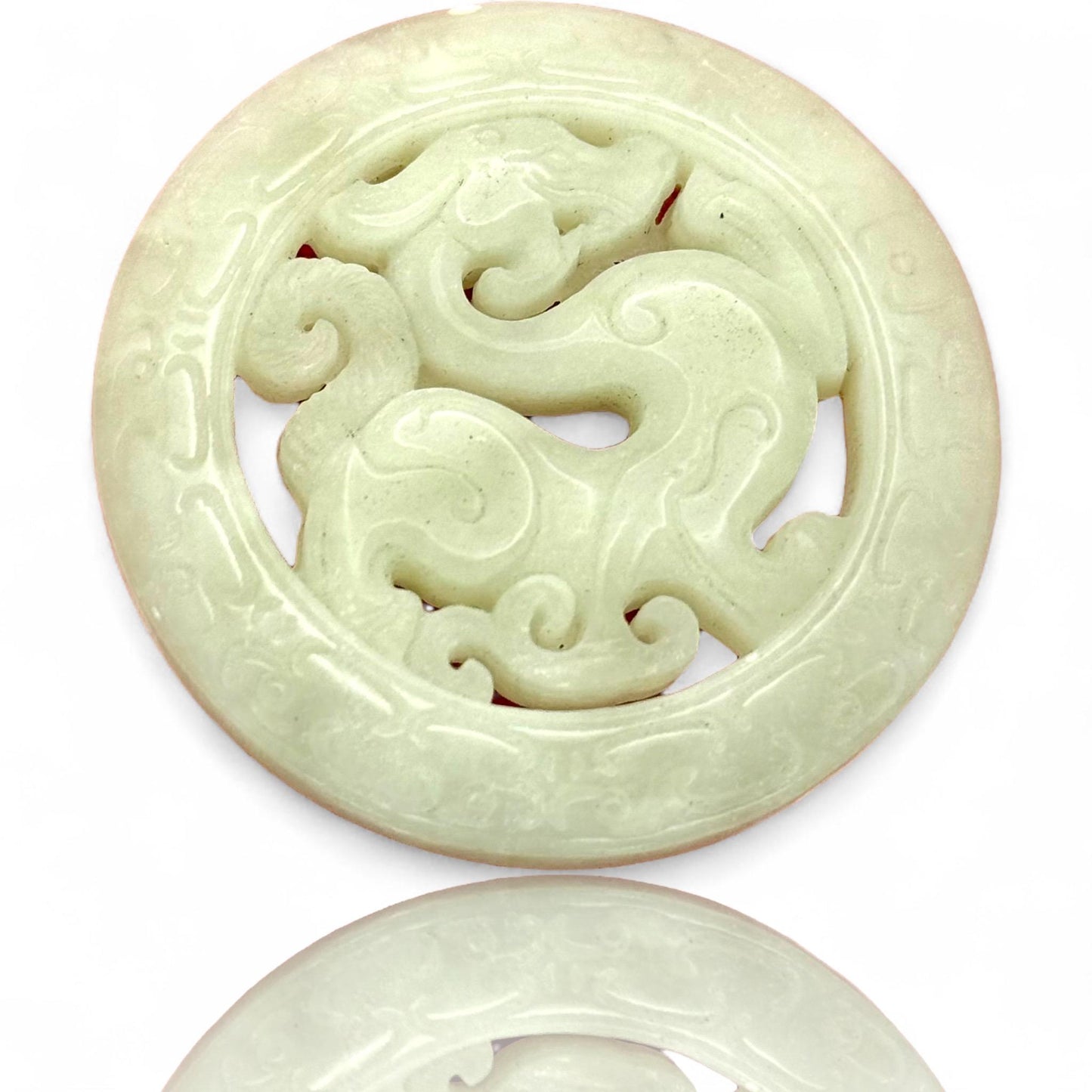 A Very Light Green Natural Jade Amulet Asian Hand Carved Dragon Round Medallion