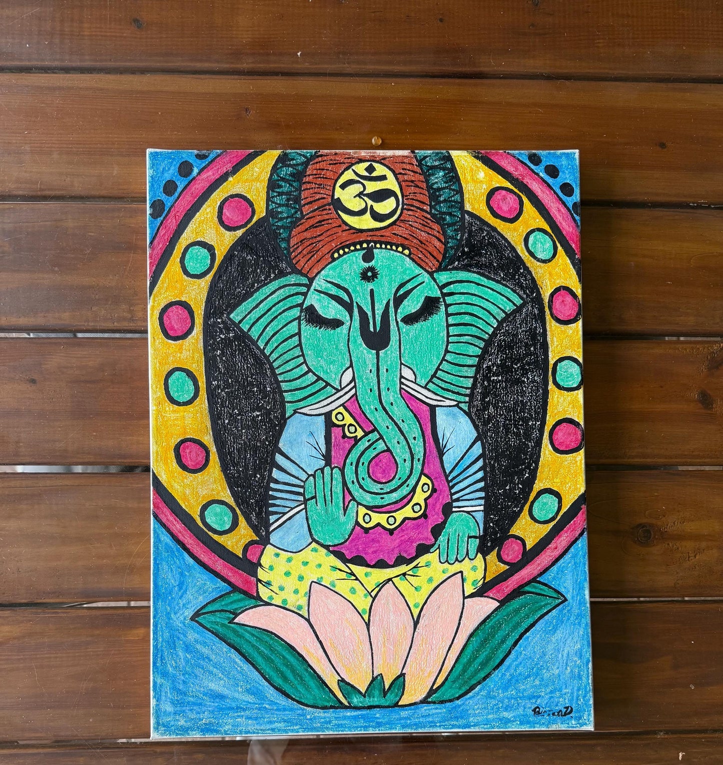 An Original Painted Canvas Artist Art Signed Ganesh Artwork Spiritual Drawing