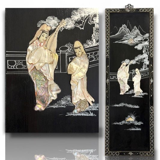 A Vintag Mother Of Pearl Asian Art Hand Painting Wall Hanging Wood Black Lacquer