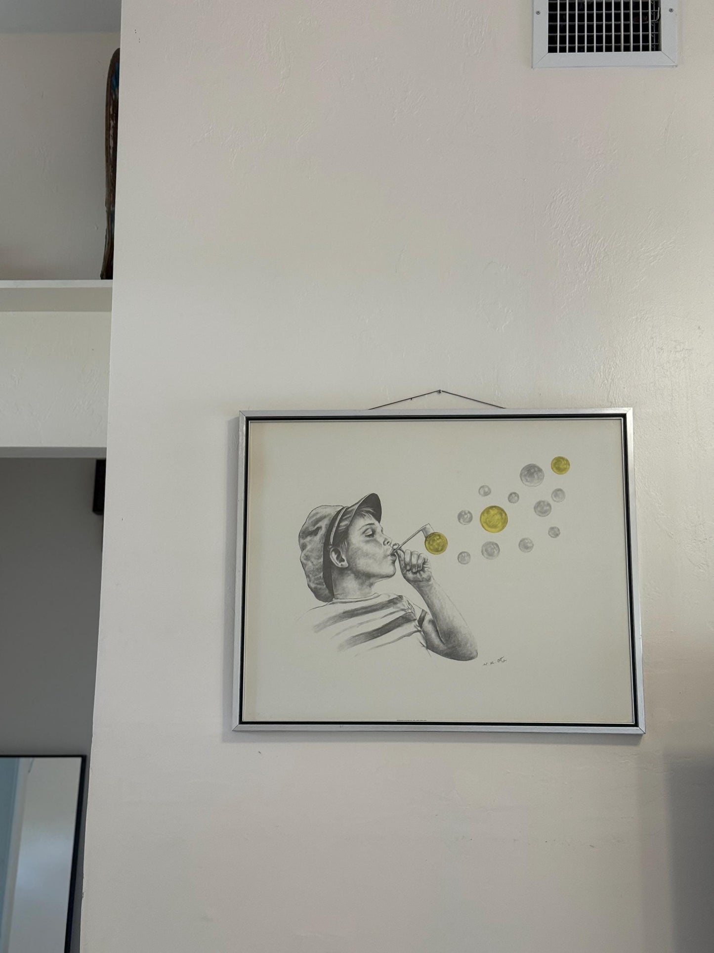 An Original Wolfgang M Otto Pencil Drawing  Boy Blowing Bubble Signed Framed Art