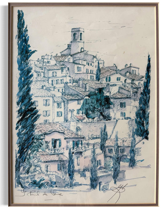 A Verona Blue Line Art Watercolor painting St Paul De Vence Signed Lithography