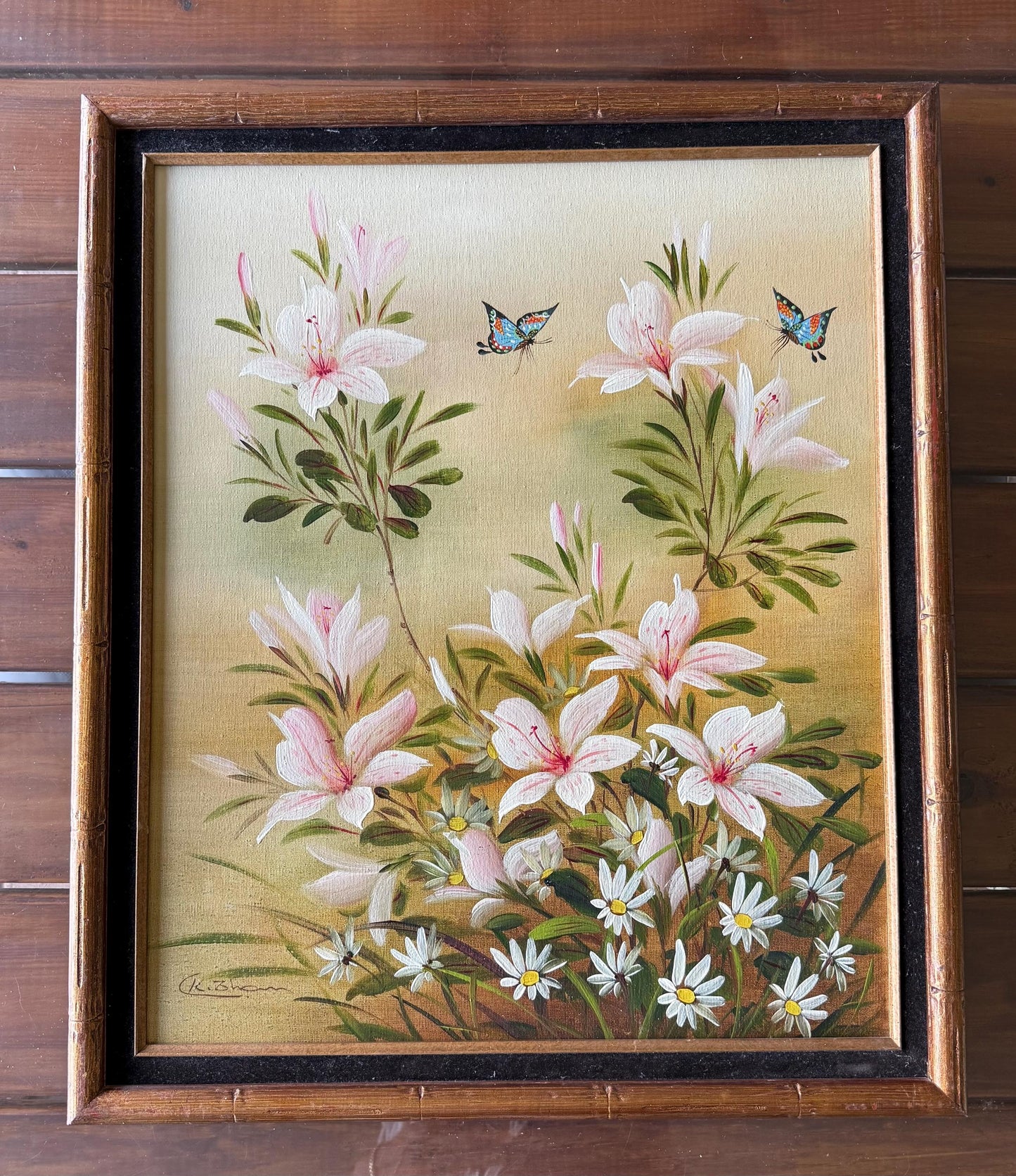 A Painted Canvas Original Art Signed CK Pink Stargazer Lily Flowers Butterflies