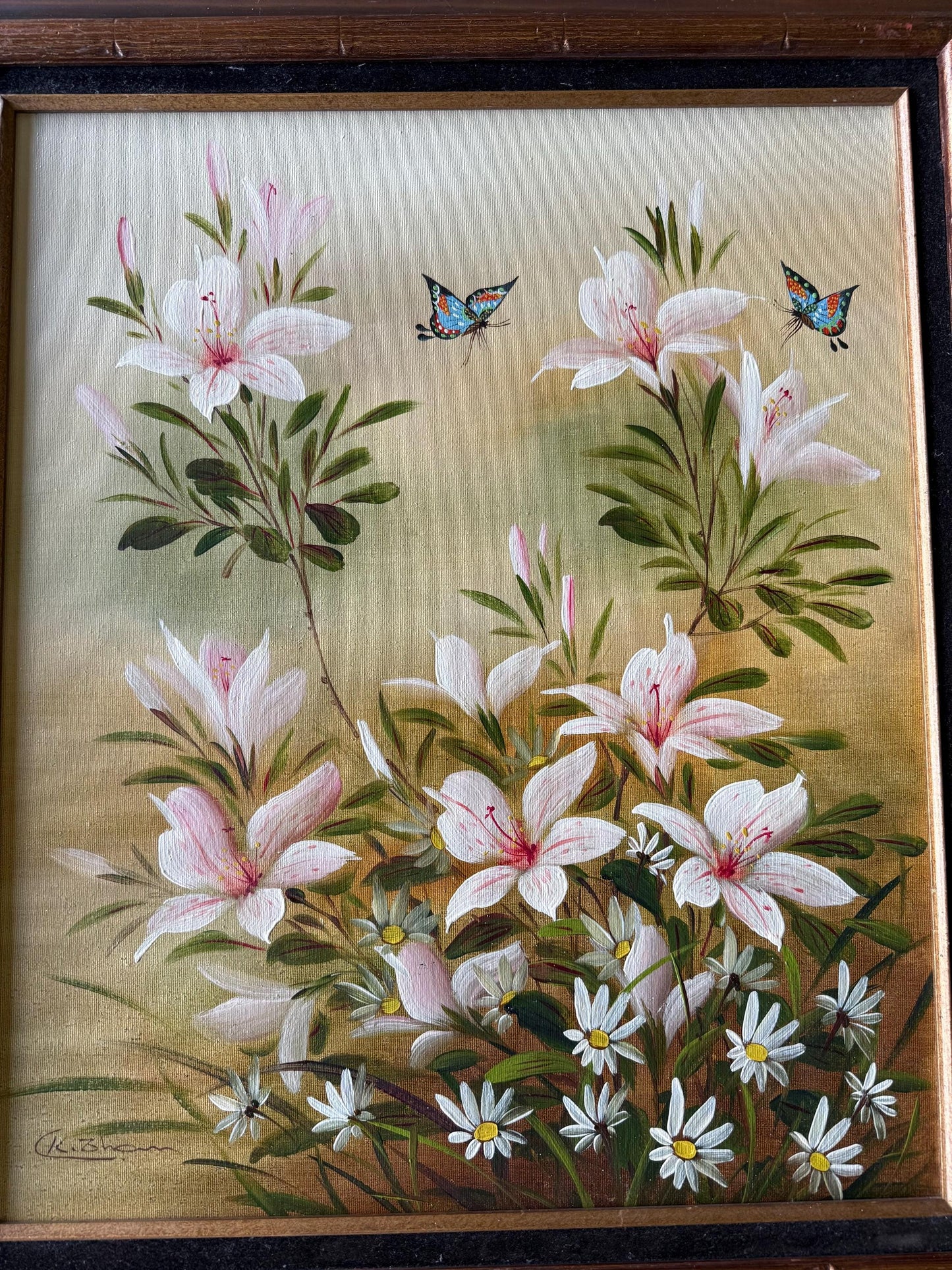 A Painted Canvas Original Art Signed CK Pink Stargazer Lily Flowers Butterflies