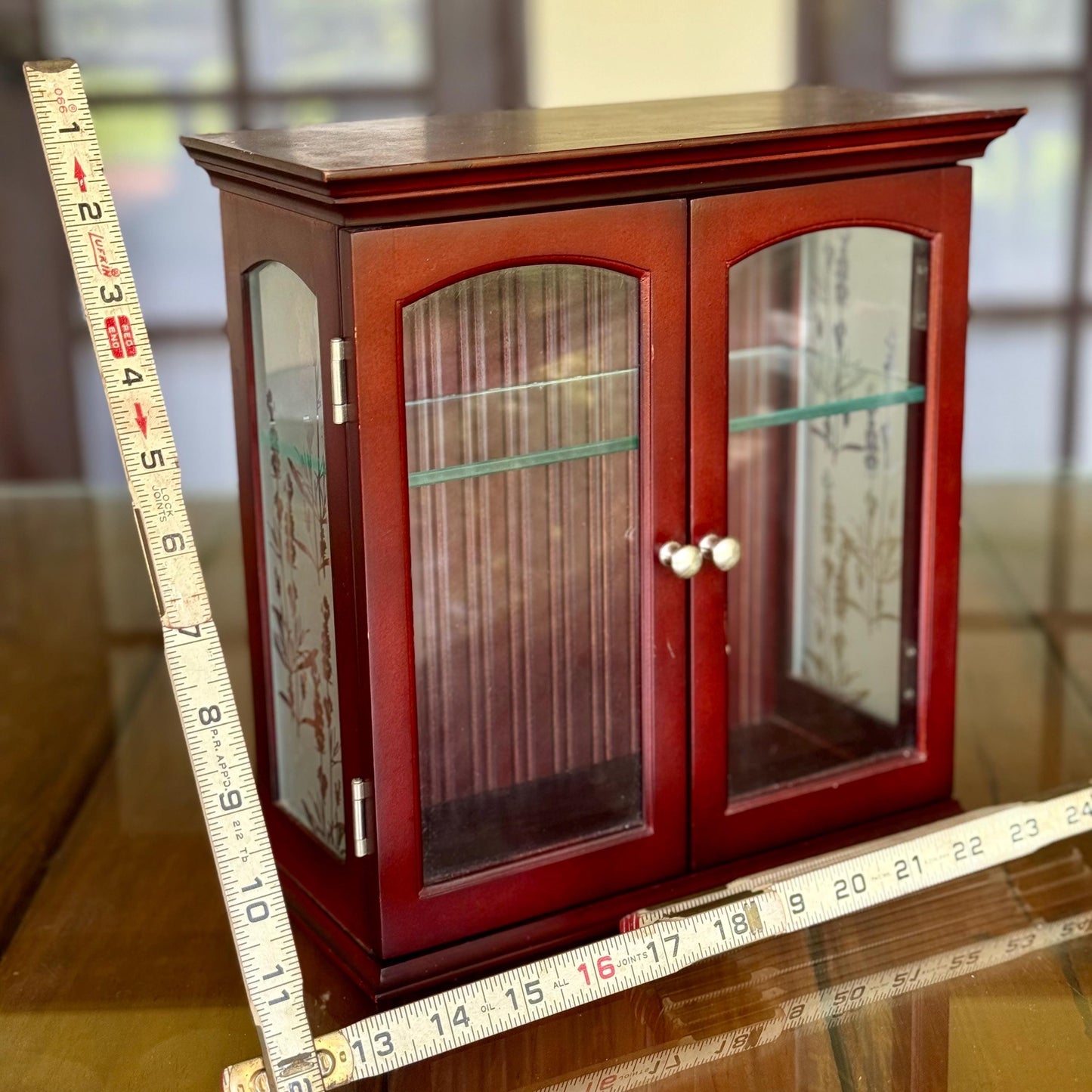 A Cherry Wood Glass Trinket Vintage Wall Hanging Display Jewelry Charm Cabinet