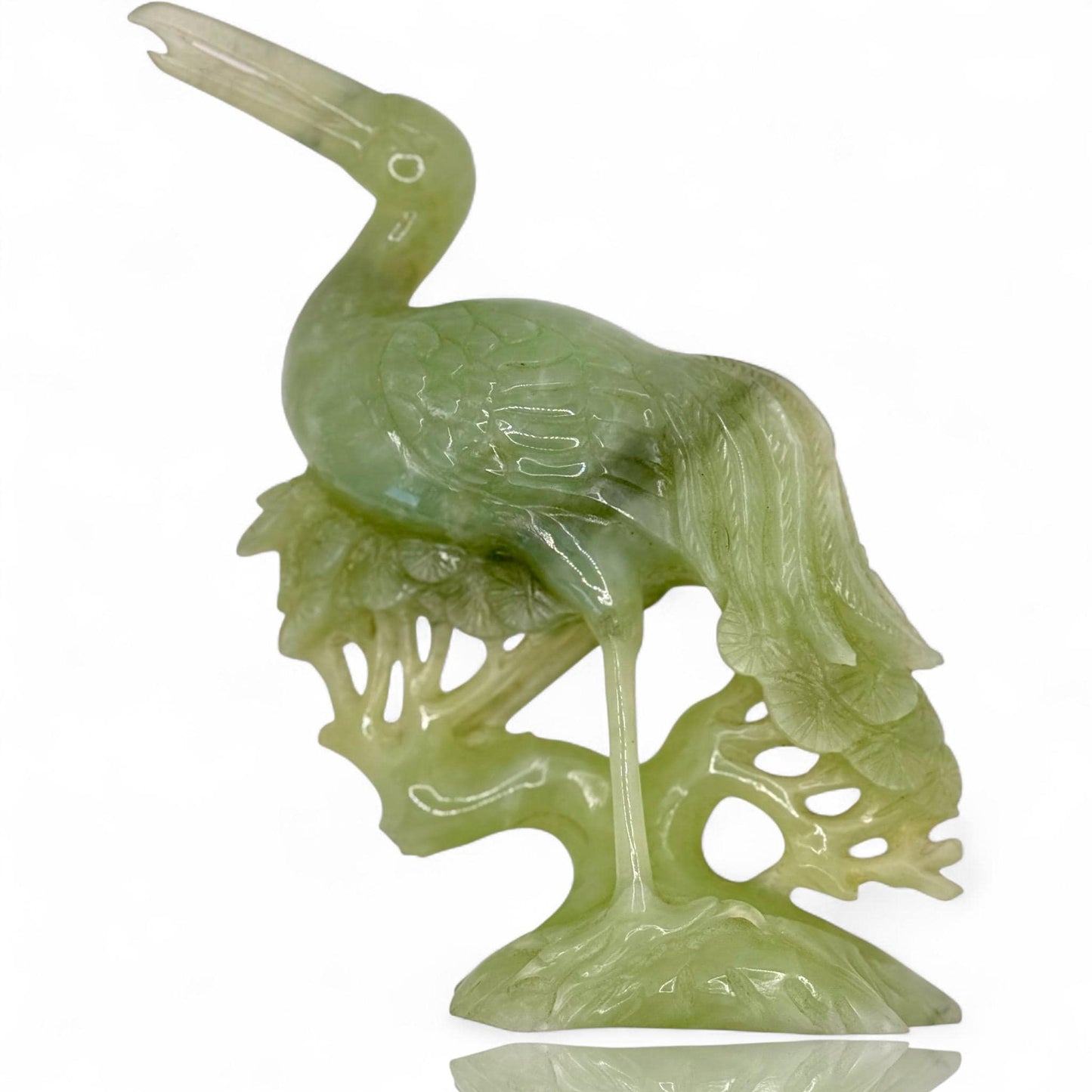 Antique Chinese Hand-Carved Light Green Jade Crane Bird Prunus Flower Sculpture Art