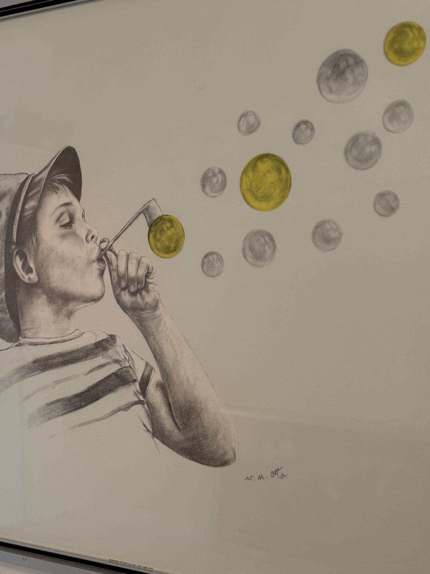 An Original Wolfgang M Otto Pencil Drawing  Boy Blowing Bubble Signed Framed Art