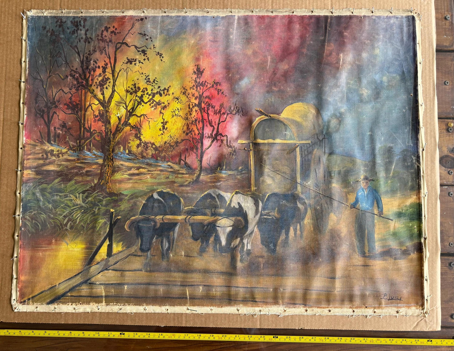 An Old Original Painting Signed Benedito Luizi Cowboy Western Wagon Mill Road