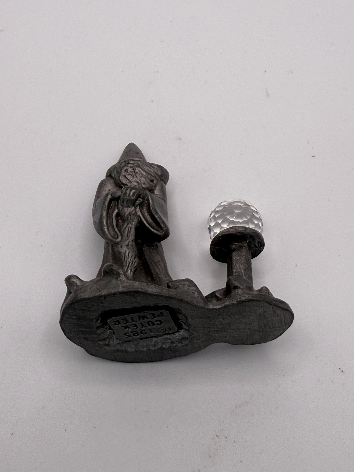 A vintage miniature mini solid pewter wizard with crystal ball figure