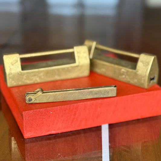 An Antique Chinese Brass Padlocks with Key Both Engraved All Sides and Key Works