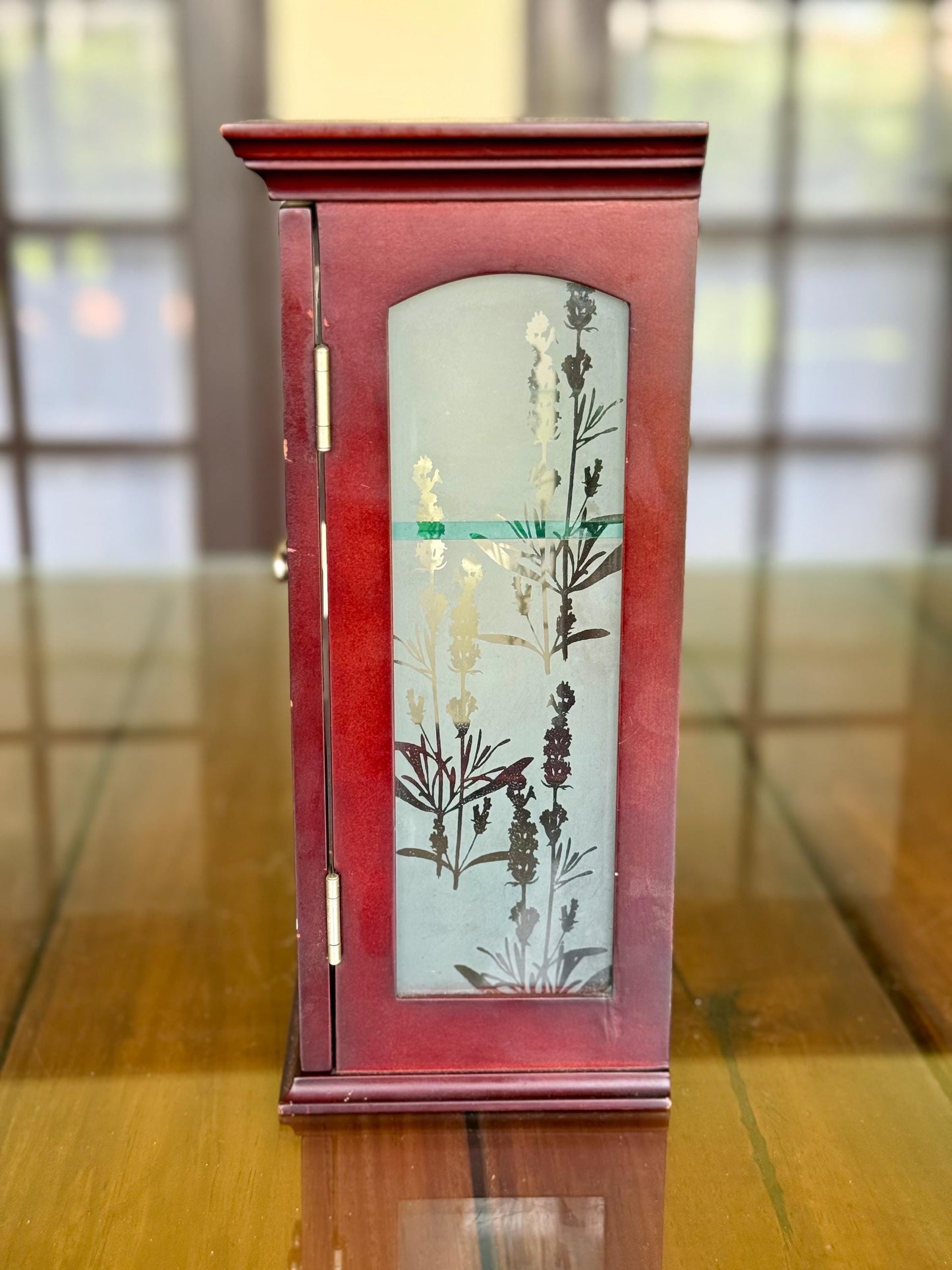 A Cherry Wood Glass Trinket Vintage Wall Hanging Display Jewelry Charm Cabinet