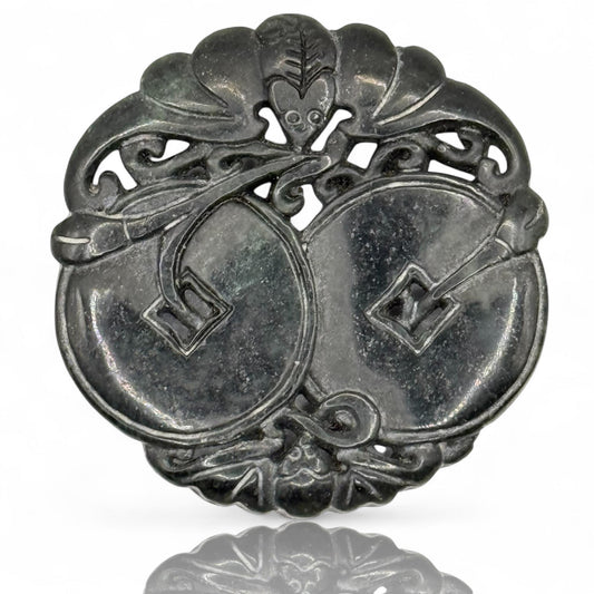 An Old Asian Natural Black Jade Amulet Round Hand Carved Bat Coin Medallion Art