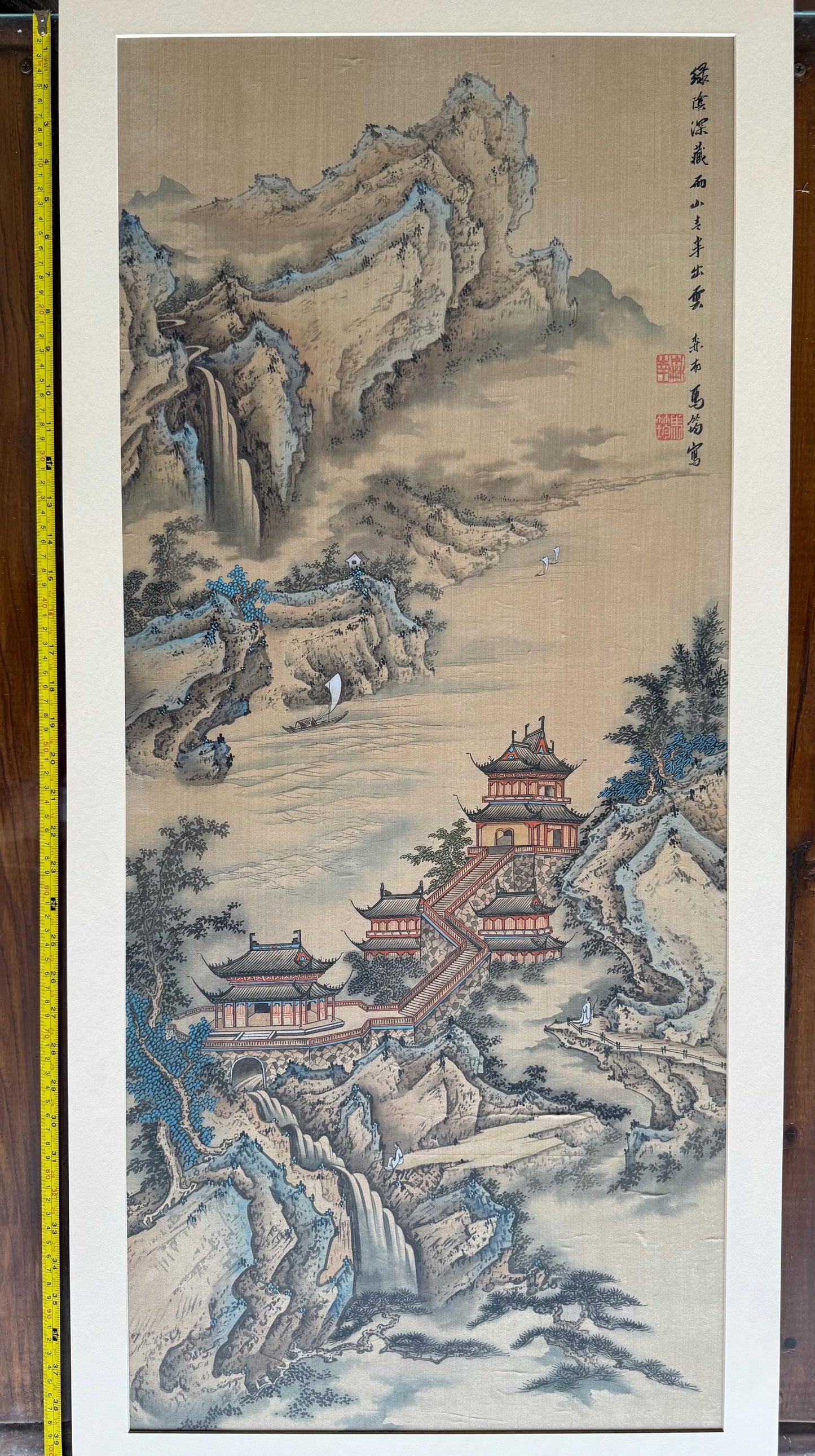 A Japanese Watercolor Painting Hanging Scroll Art Silk Mountain River Landscape