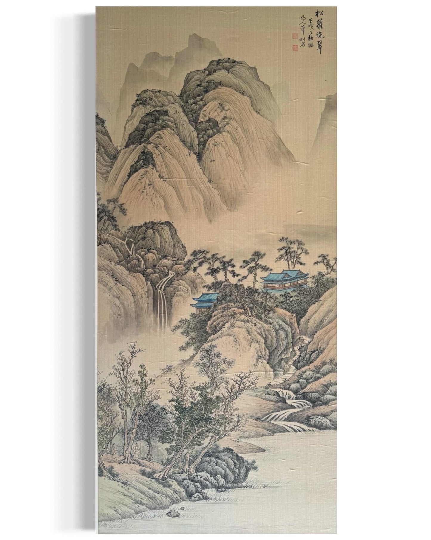 Original Chinese Watercolor and Ink Landscape Painting on Silk Scroll, Mountains and Village