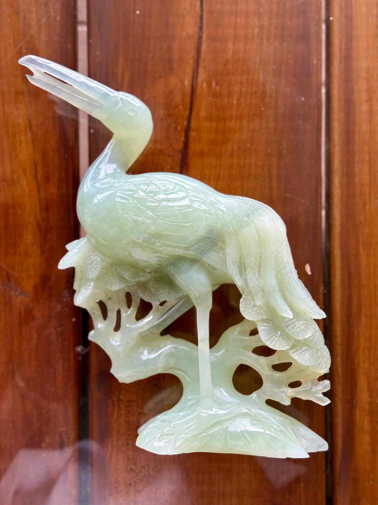 Antique Chinese Hand-Carved Light Green Jade Crane Bird Prunus Flower Sculpture Art