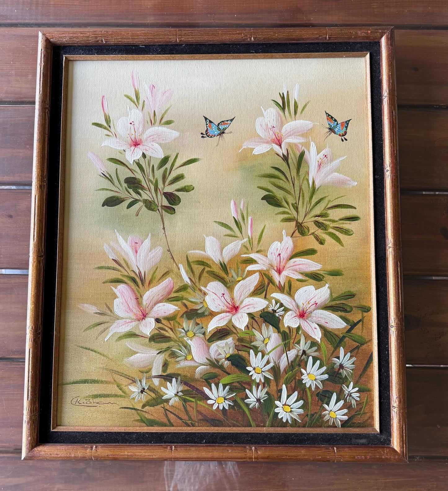 A Painted Canvas Original Art Signed CK Pink Stargazer Lily Flowers Butterflies