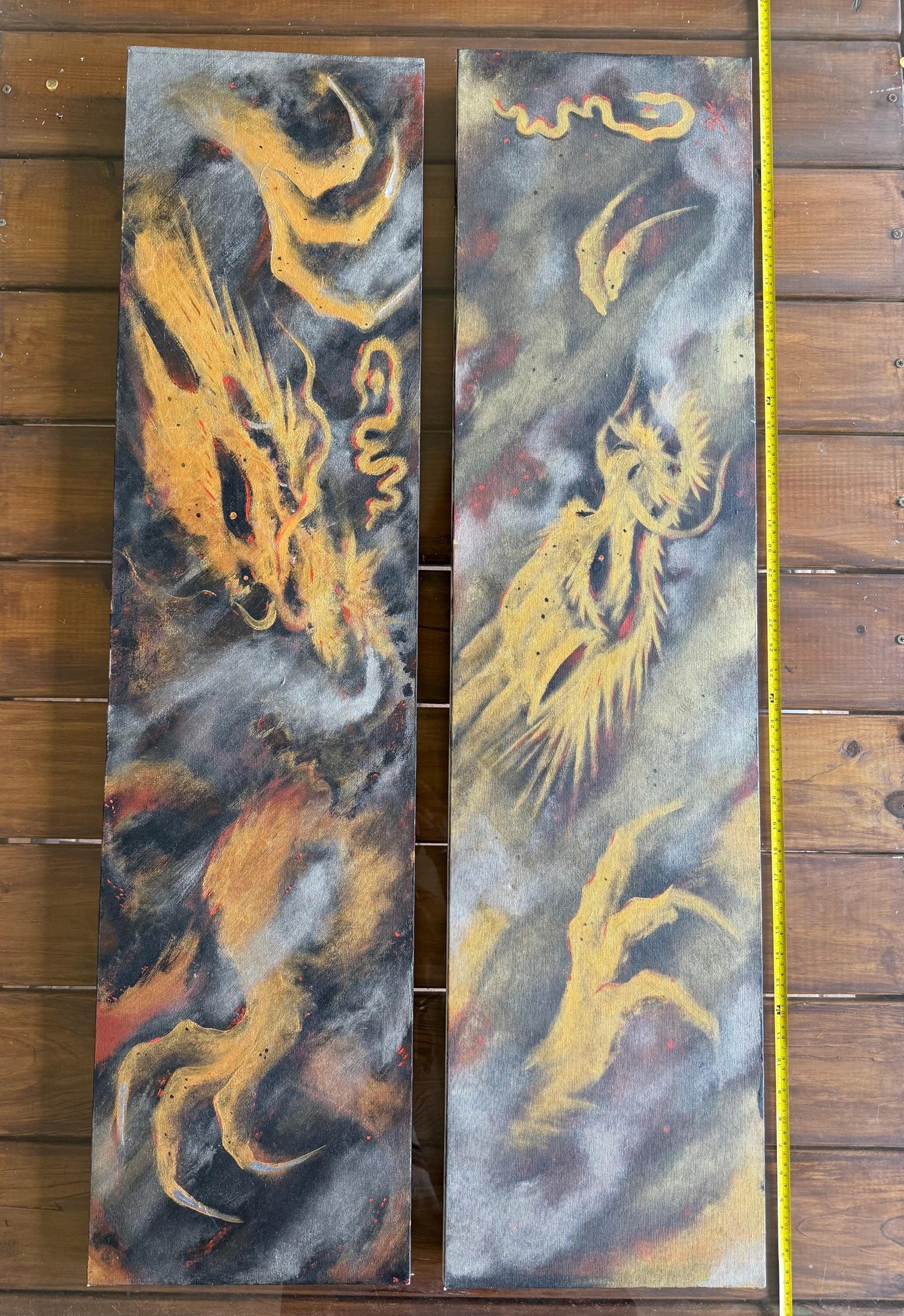 A Spray Painted Canvas Original Art Signed Metallic Gold Silver Smoking Dragon