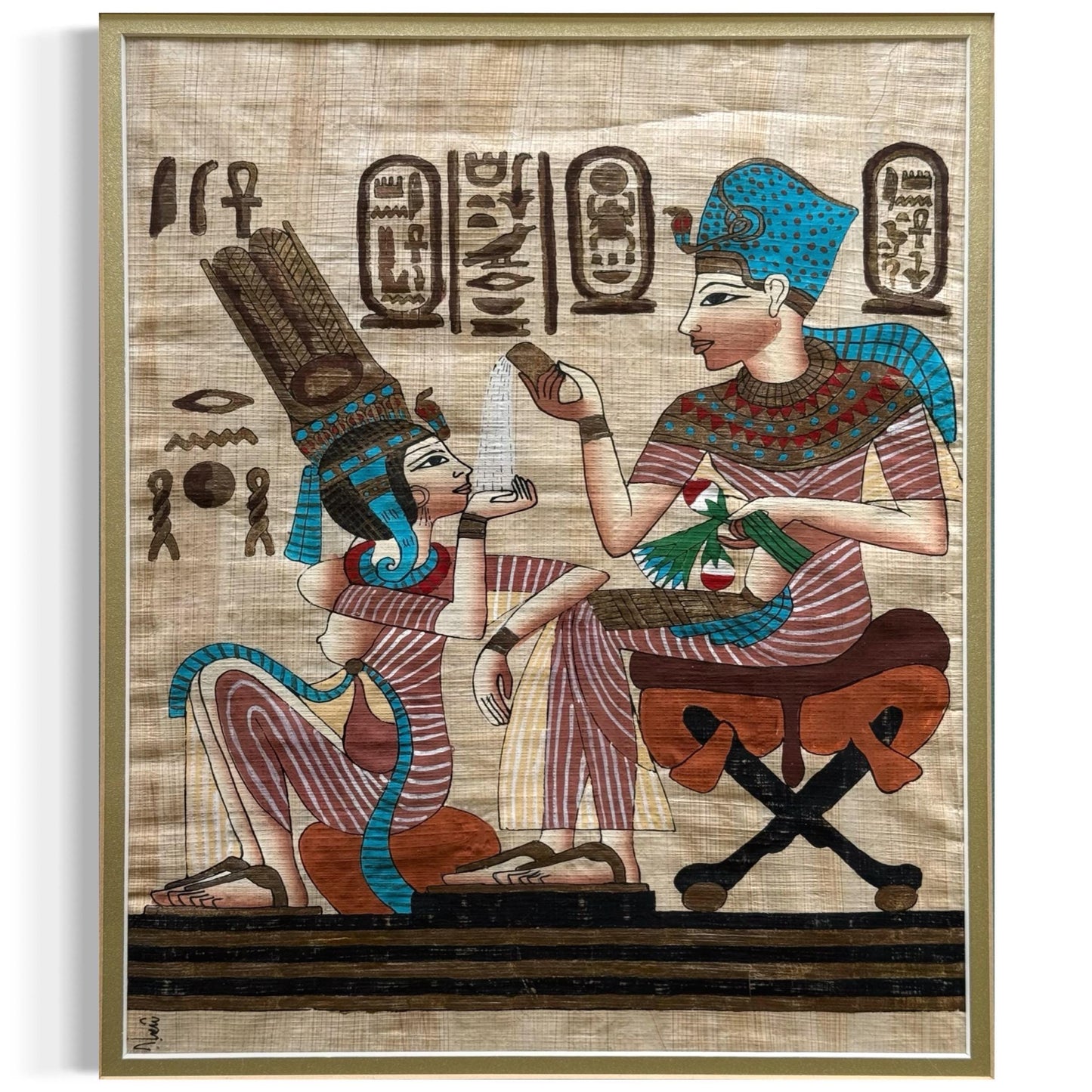 Original Hand Painted Authentic Egyptian Papyrus Signed Pharaoh Queen Art Decor