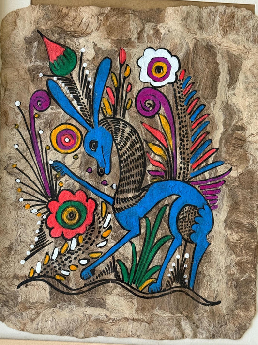 Original Mexican Amate Bark Colorful Hand Painted Vibrant Animal & Flowers Art