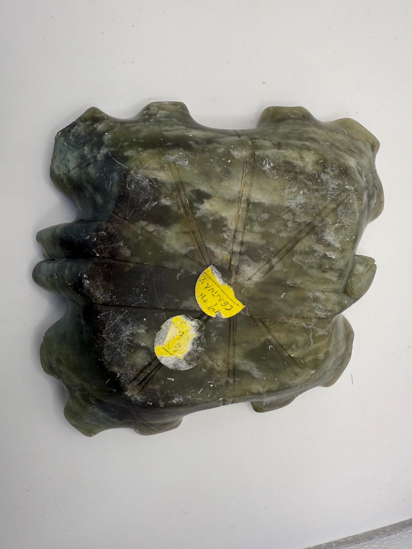 An old hand carved natural green jade ashtray with dice