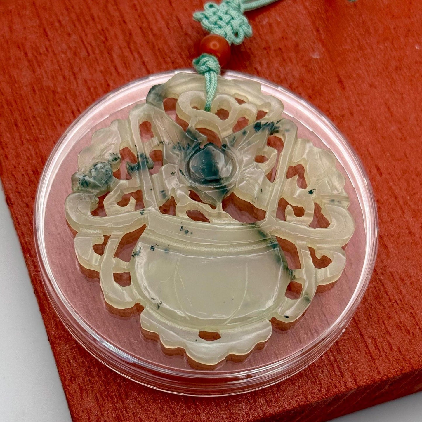 A Nice Fine Green Jade Amulet Hand Carved Old Asian Antique Medallion Pendant