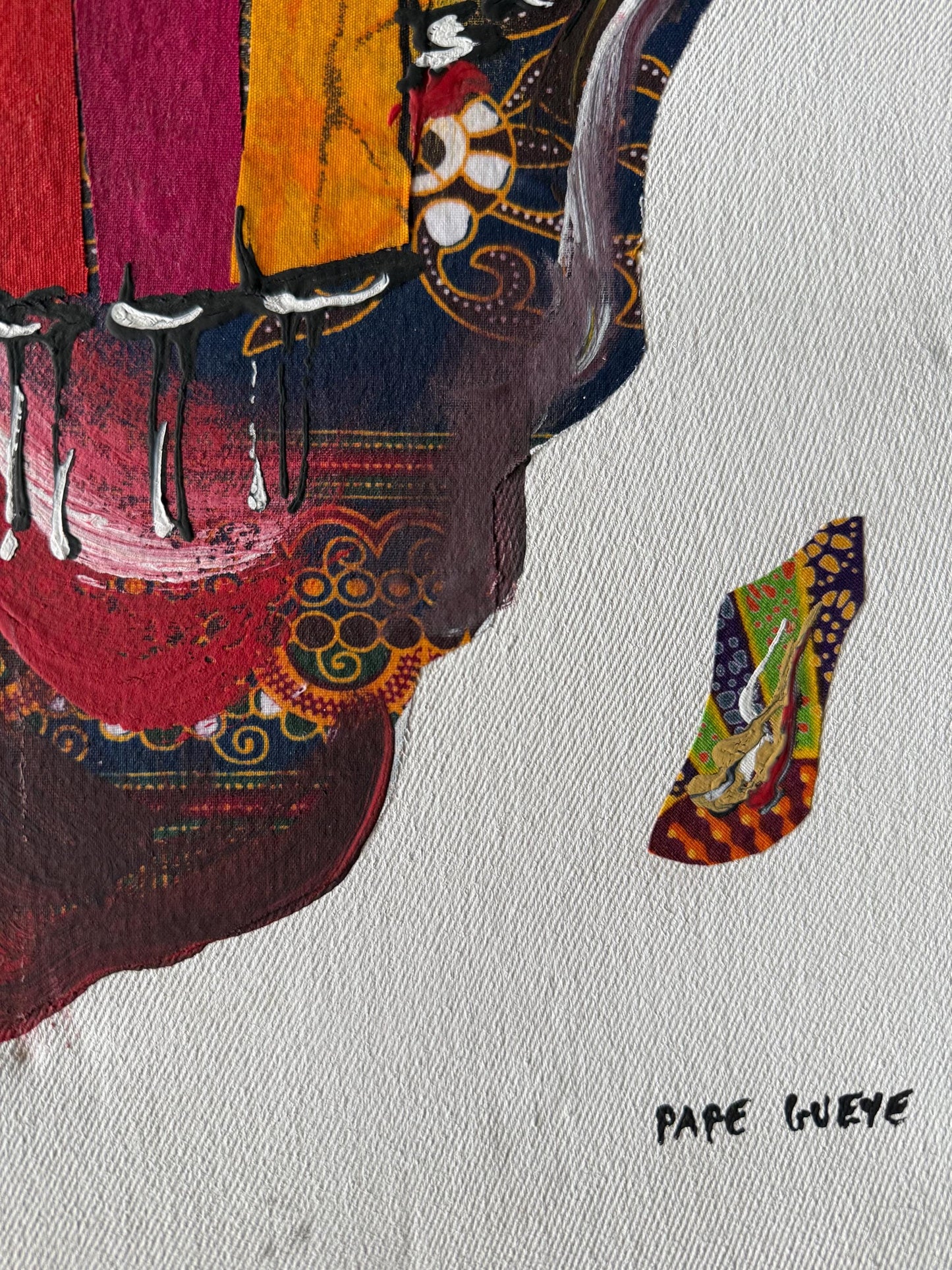 A Canvas Painted Fabric Signed Senegal Artist Pape Daouda Gueye Africa Continent