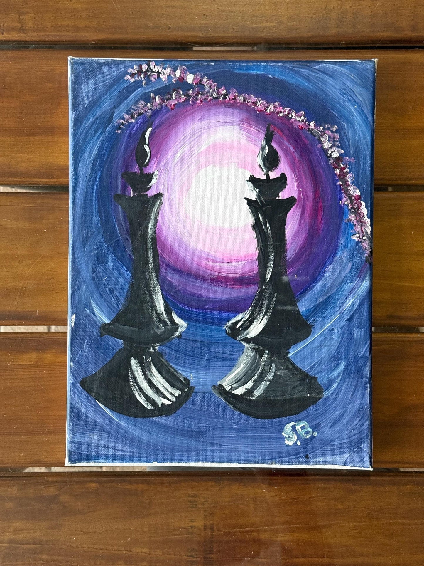 A Painted Canvas Artist Original Artwork Art Signed Chess Two Pawn Piece Candles