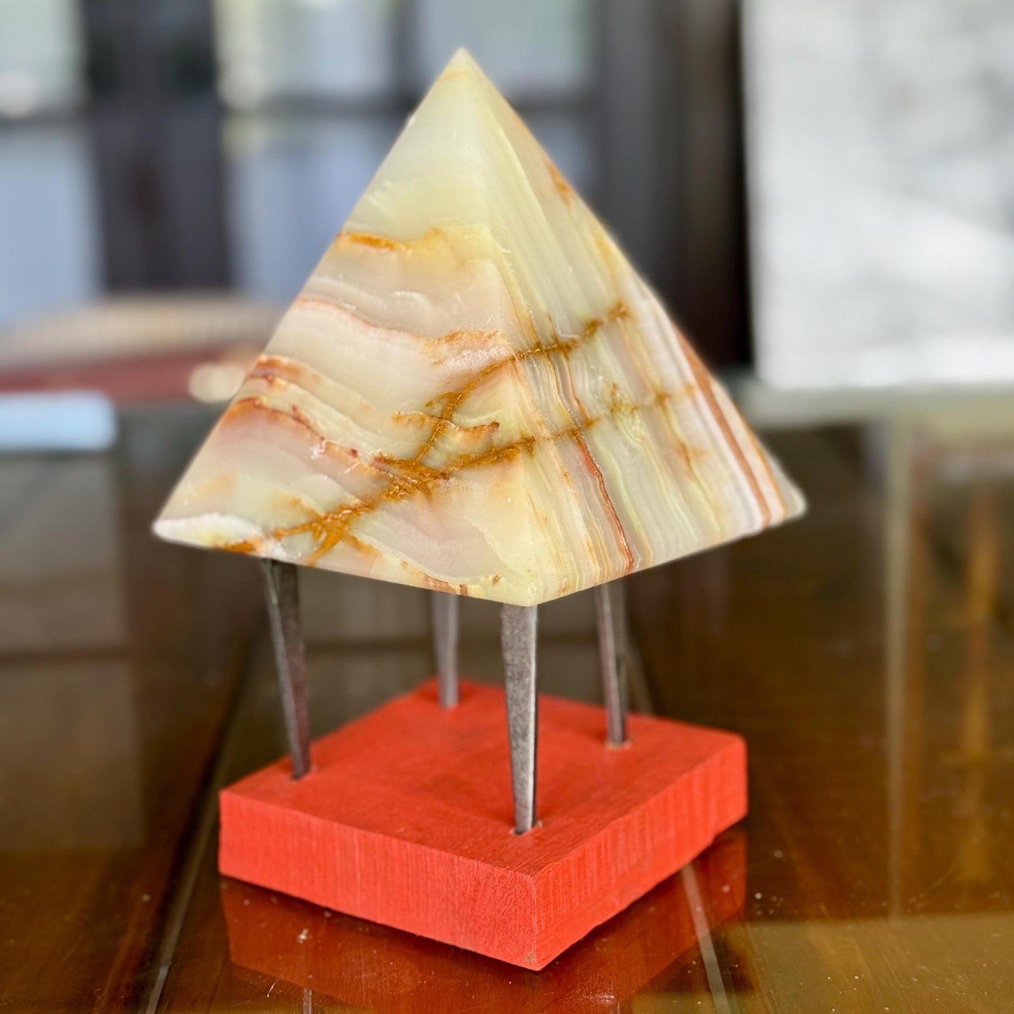 A Natural Mexican Green Yellow Onyx Banded Calcite 5” Pyramid Crystal Carved