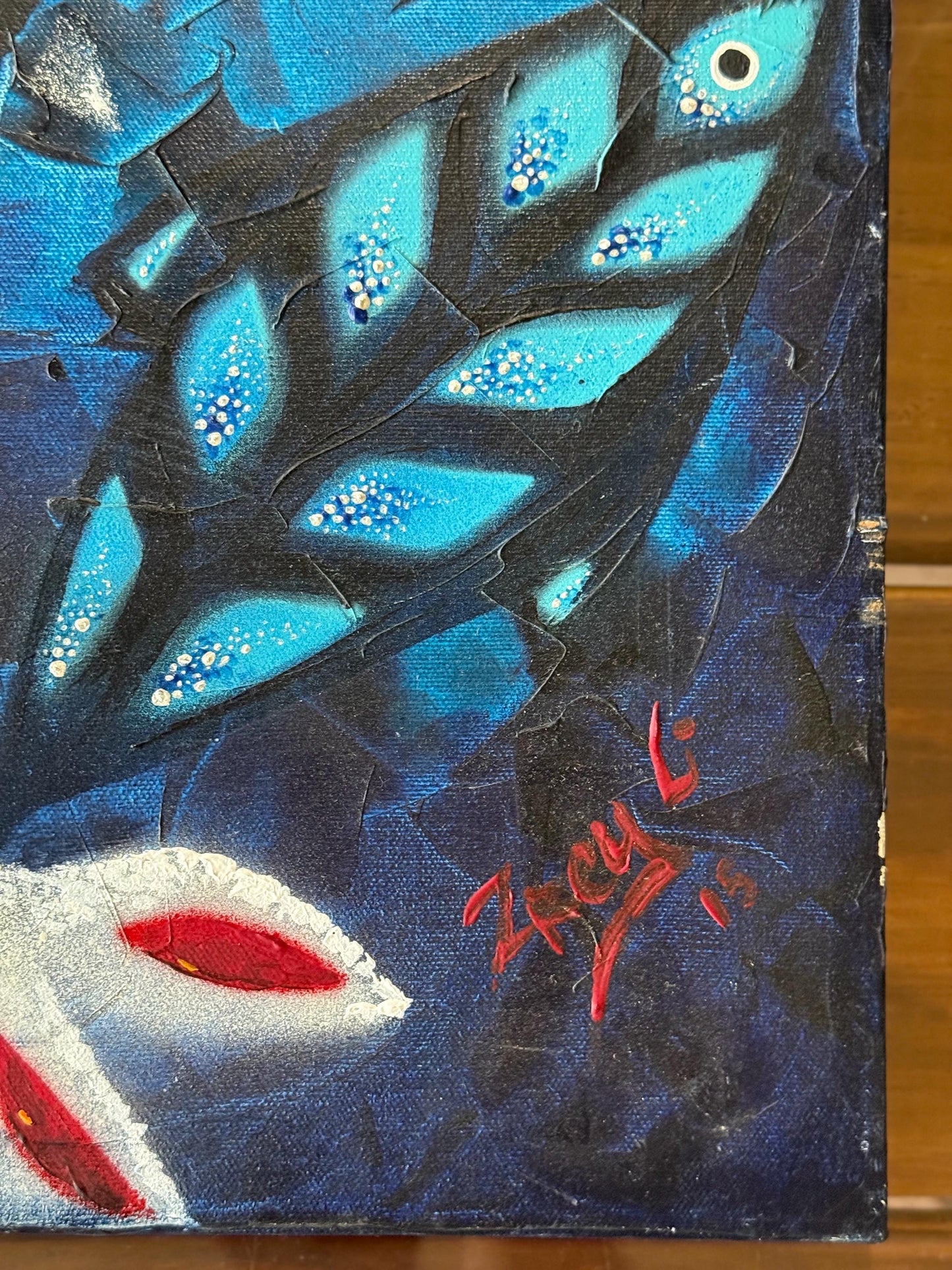 Modern Stylized Fish Art Red White Blue Acrylic Painting Signed Original Canvas