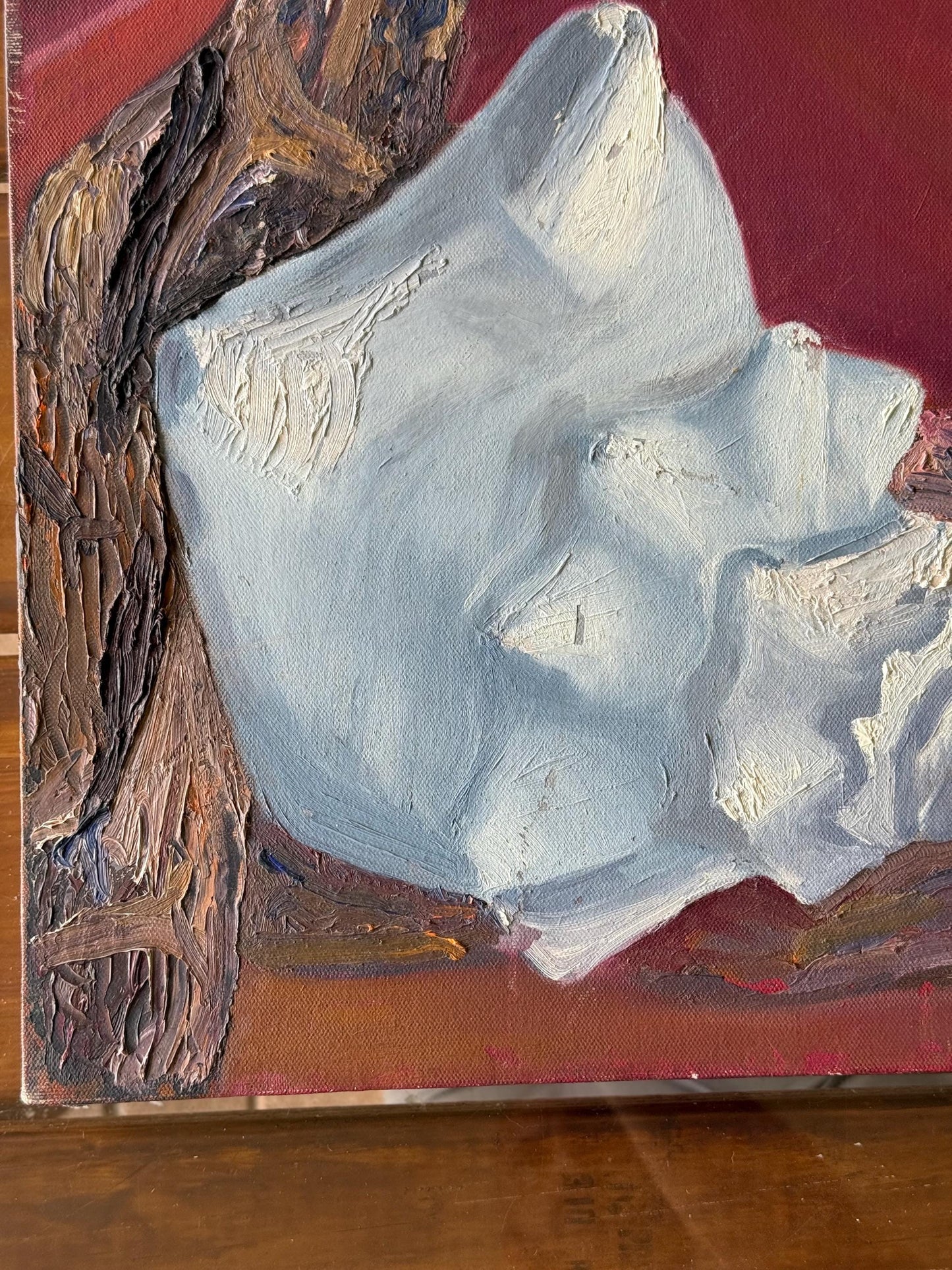 A painted canvas artist Original abstract Conch Shell red burgundy background