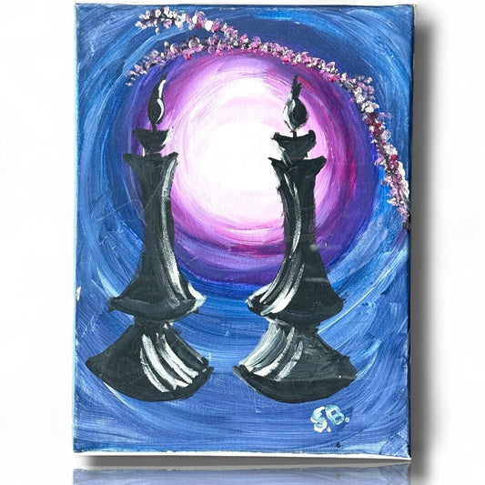 A Painted Canvas Artist Original Artwork Art Signed Chess Two Pawn Piece Candles