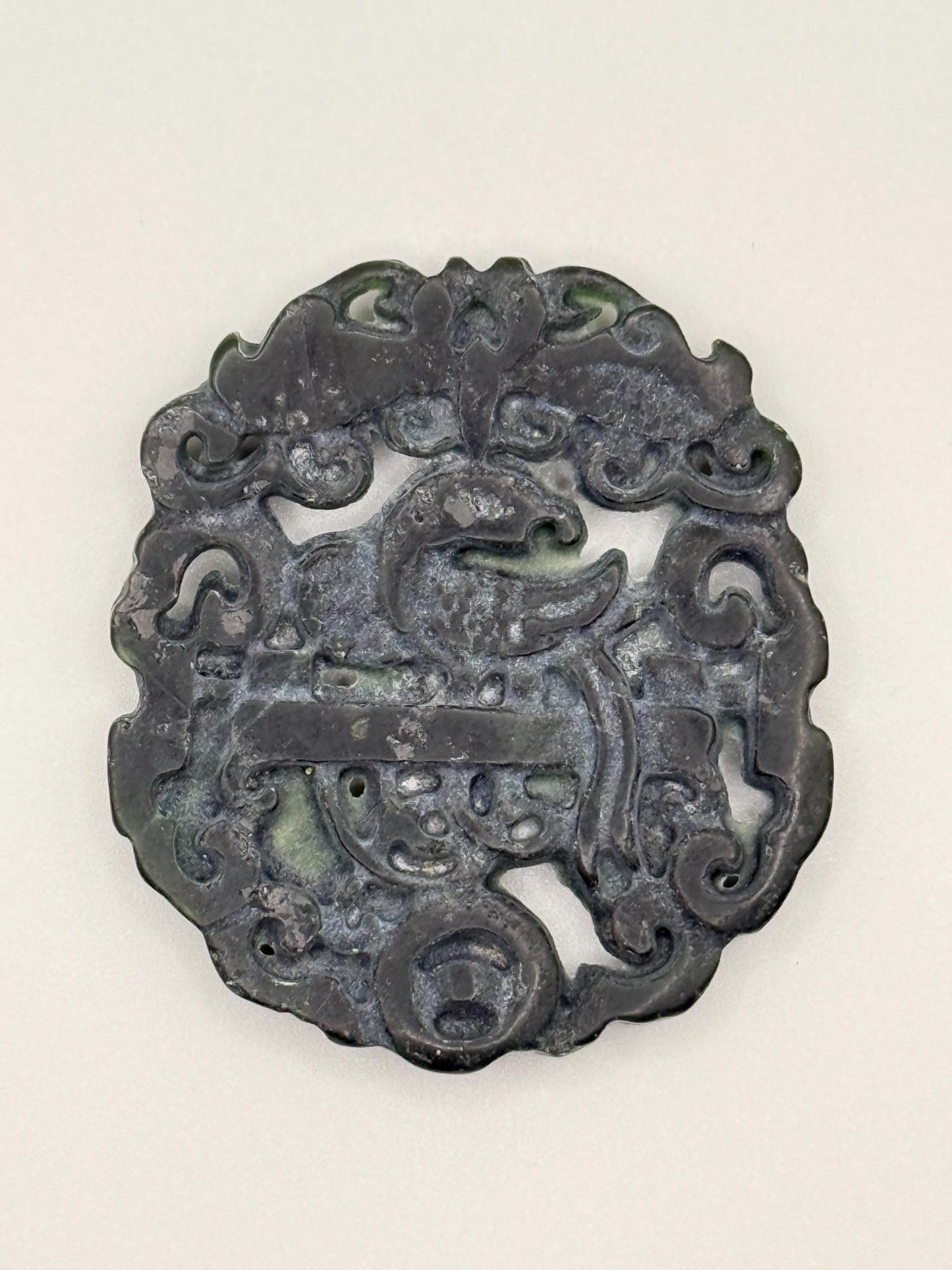 An Old Asian Jade Amulet Natural Black Green Hand Carve Phoenix Dragon Round Art