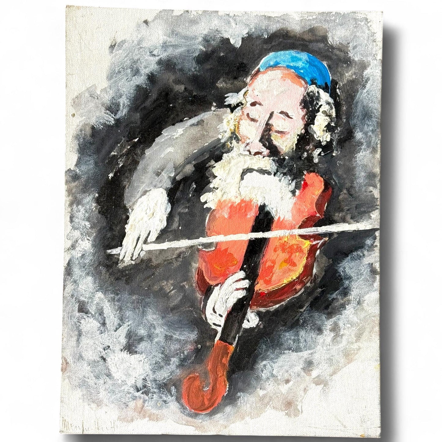 Artist original artwork painted canvas violinist soulful music art Judaica vintage