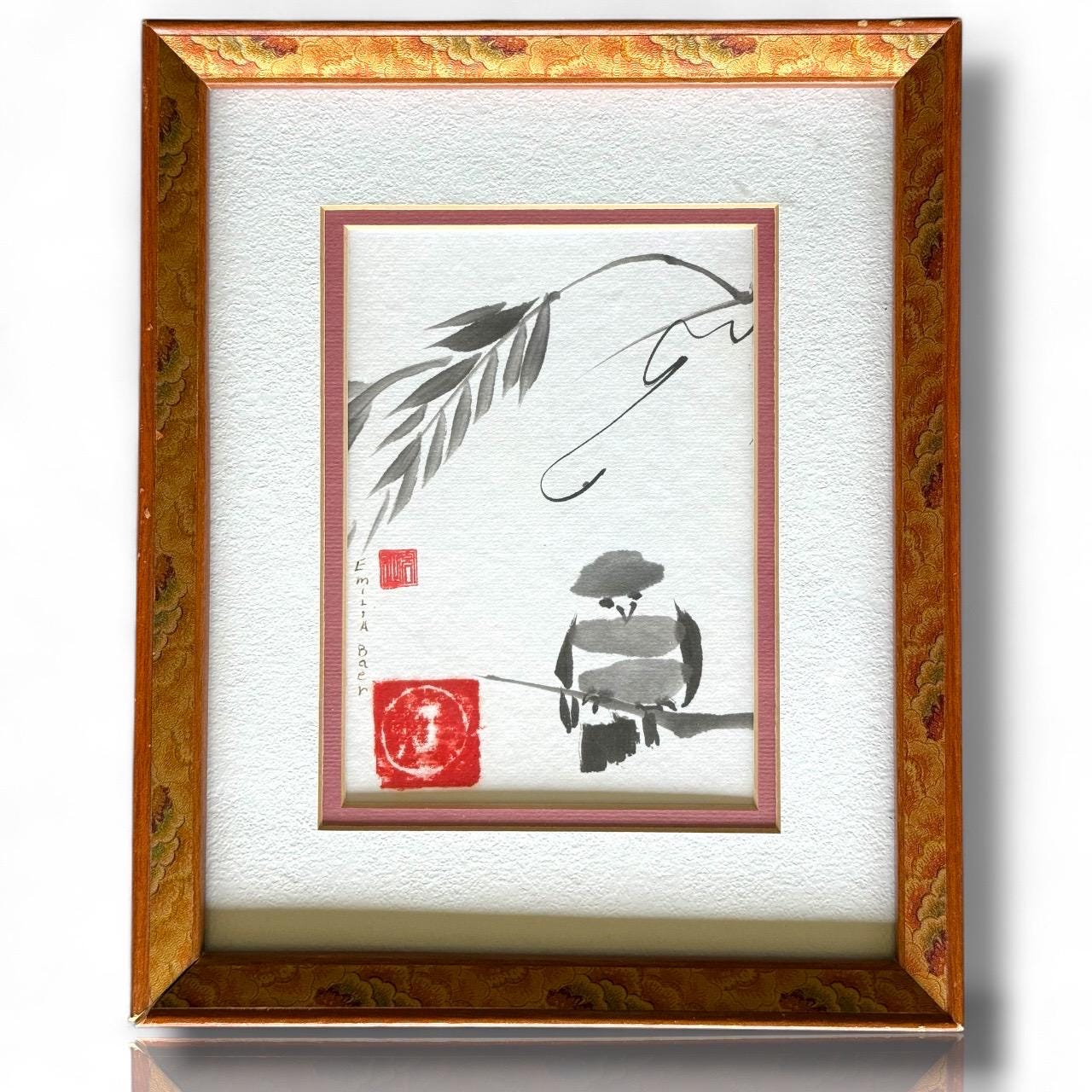 Original Signed Sumi-e Ink Painting "Bird and Bamboo" by Emilia Baer Asian Art