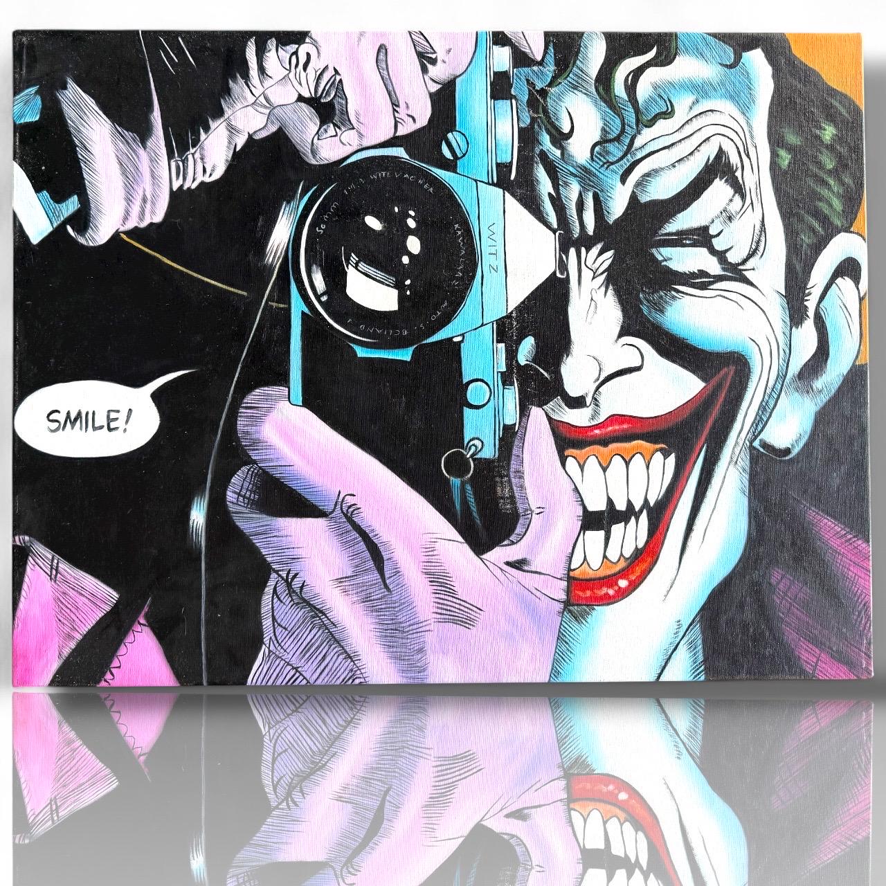 An Original Painted Canvas Art Joker Camera Smile DC Batman : The Killing Joke