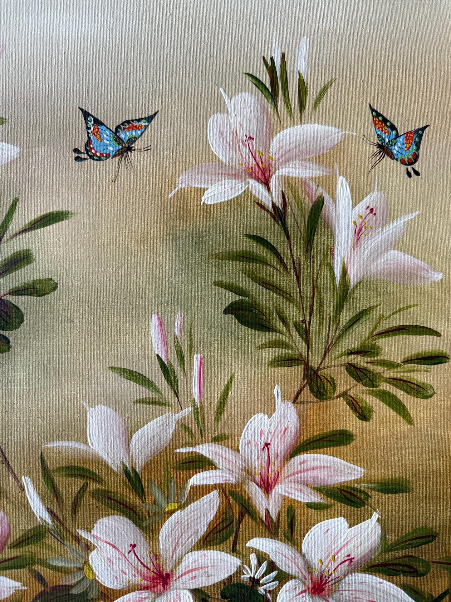 A Painted Canvas Original Art Signed CK Pink Stargazer Lily Flowers Butterflies