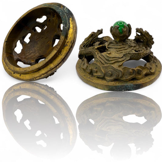 An Ornate Bronze Dualing Dragons with Jade Marble Orb Ball Censer Antique