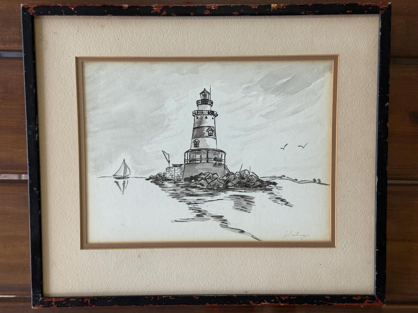 Seaside Lighthouse Pen & Ink Drawing – Vintage Framed Original Art Signed Classic Coastal Home Decor