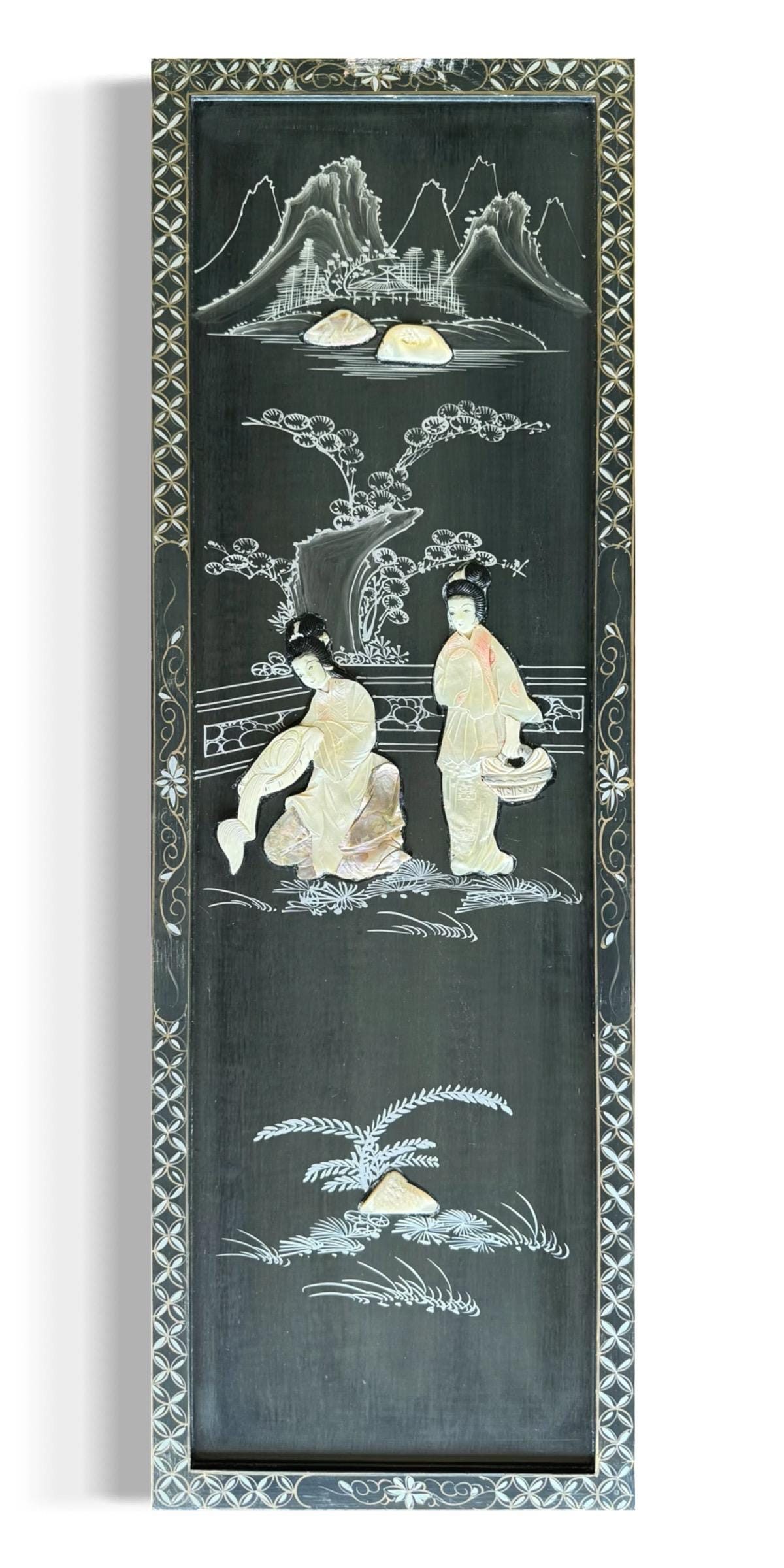A Vintag Mother Of Pearl Asian Art Hand Painting Wall Hanging Wood Black Lacquer