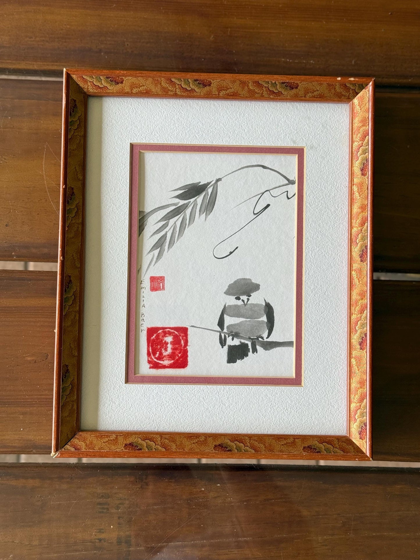 Original Signed Sumi-e Ink Painting "Bird and Bamboo" by Emilia Baer Asian Art