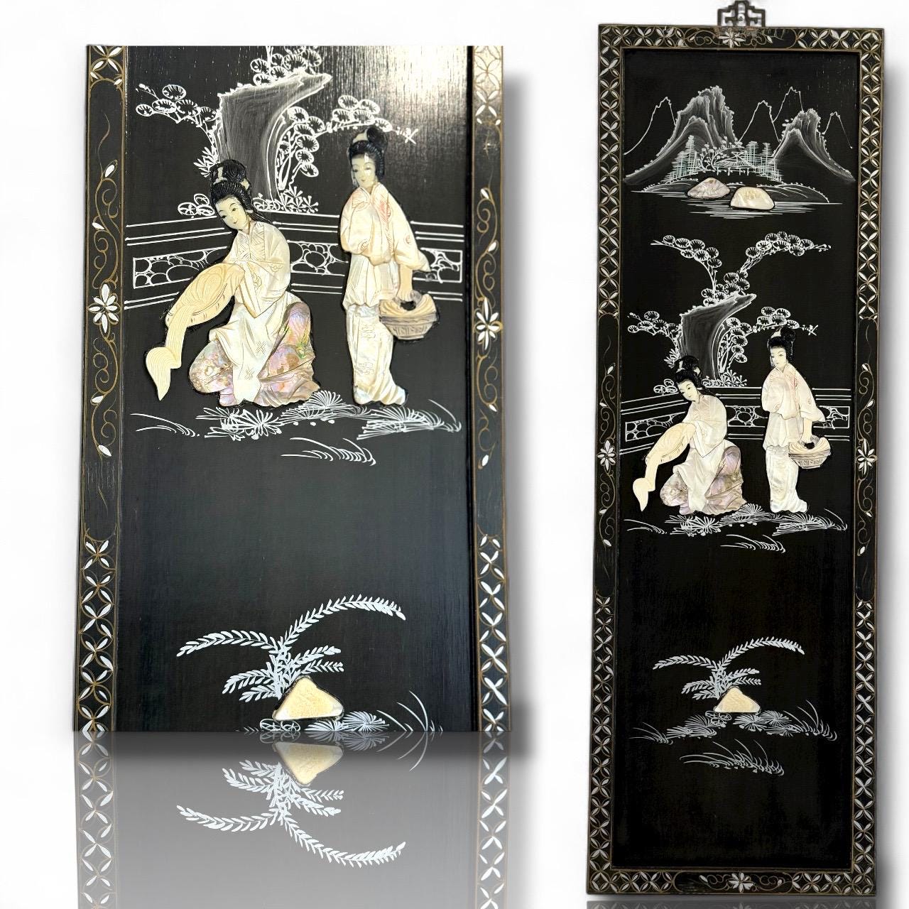 A Vintag Mother Of Pearl Asian Art Hand Painting Wall Hanging Wood Black Lacquer