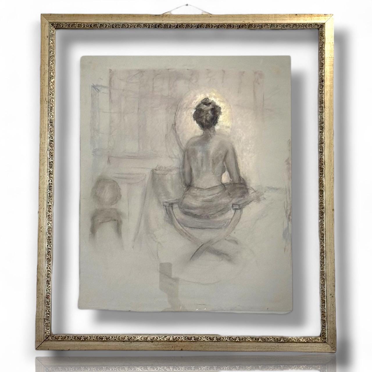 A Signed Dated Numbered Pastel Pencil Art Drawing Seated Woman Nude Sketch Art