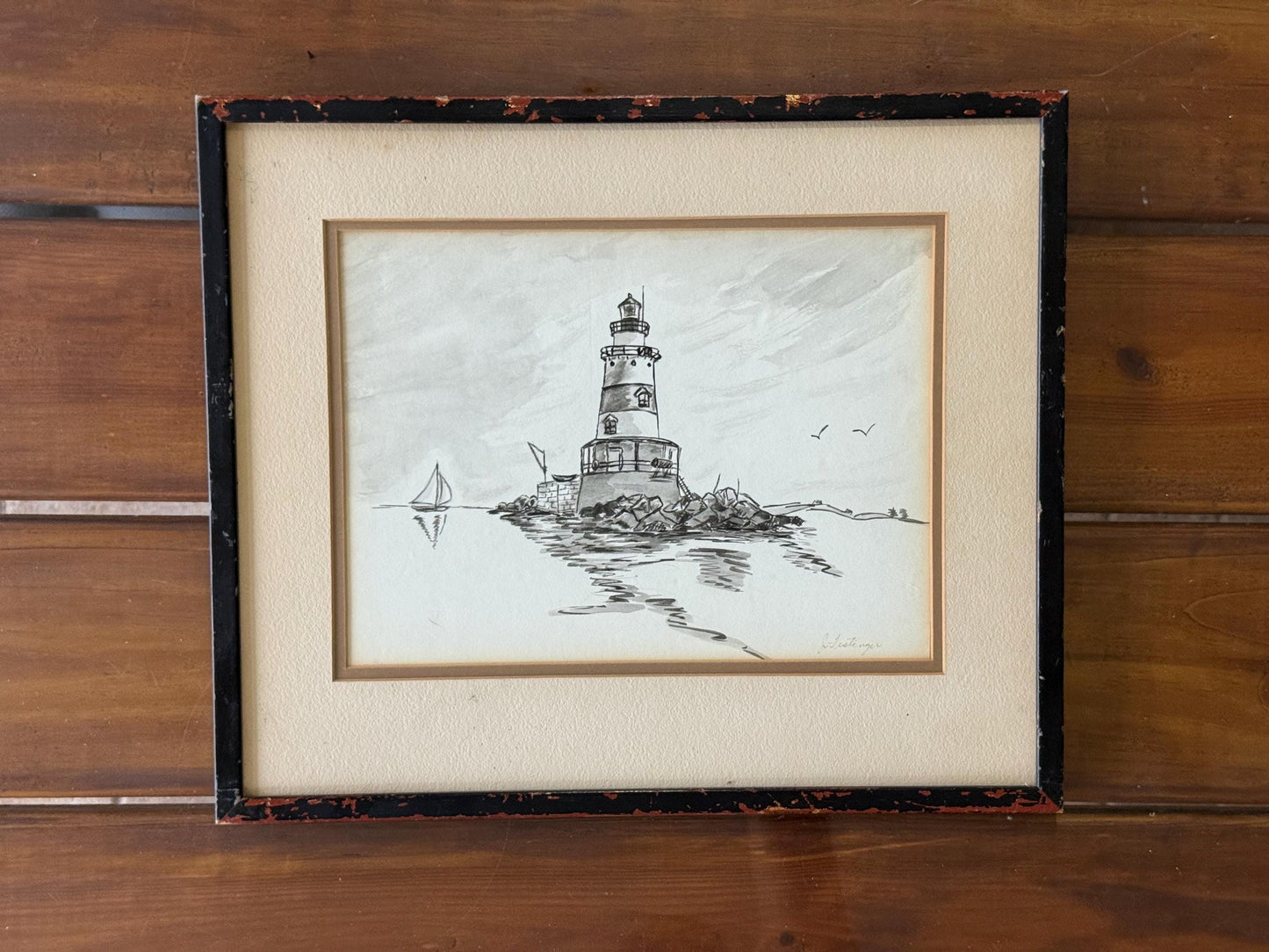 Seaside Lighthouse Pen & Ink Drawing – Vintage Framed Original Art Signed Classic Coastal Home Decor