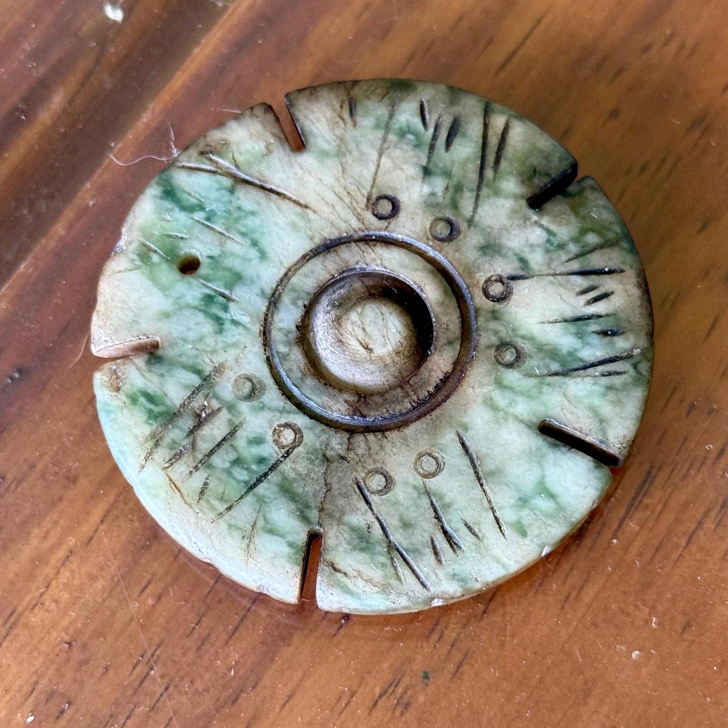 An Antique Carved all White Green Jade Medallion 2” Pendant Spinning Pray Wheel