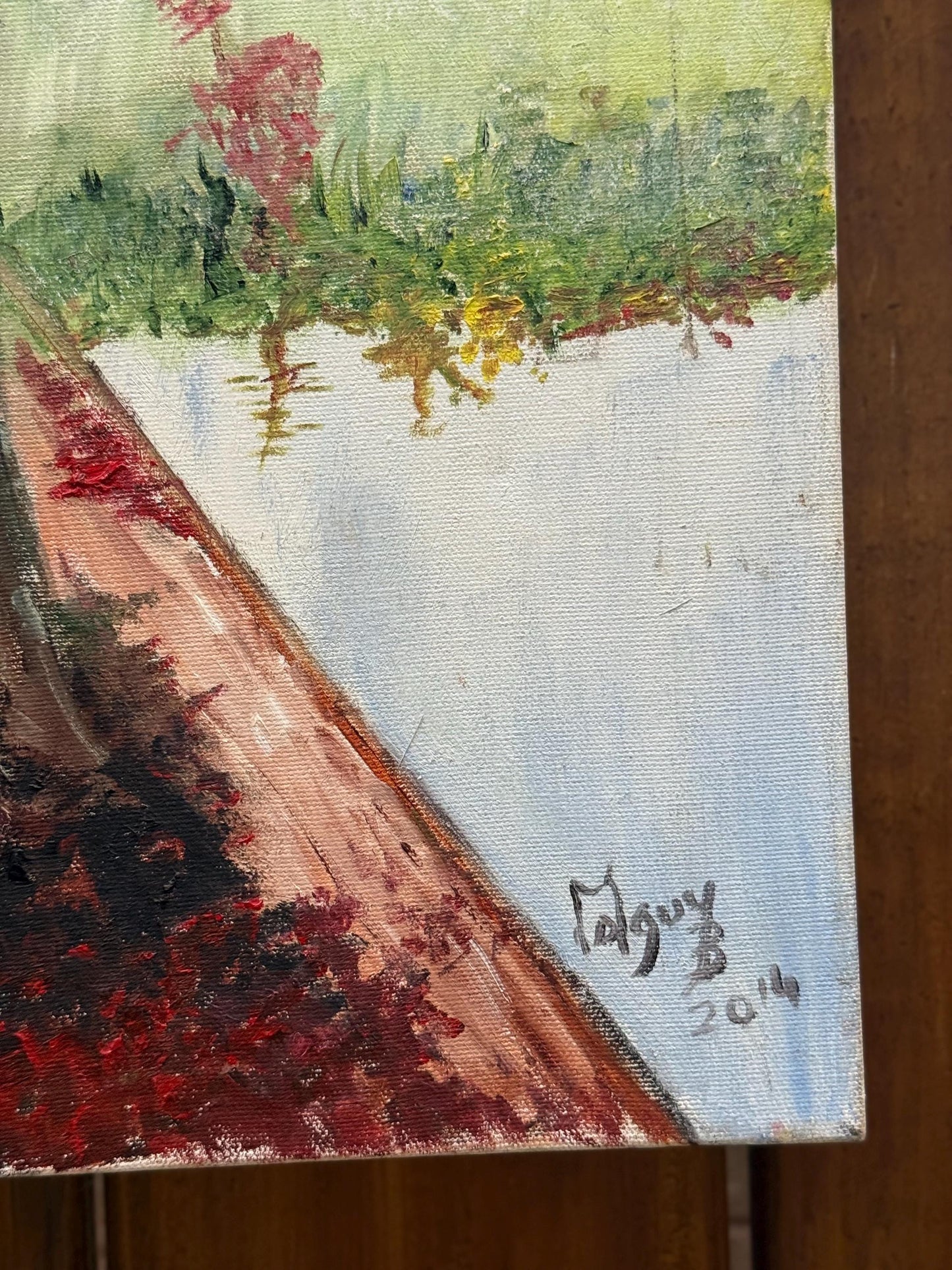 Original Acrylic Painting Canvas Art Signed Dated Autumn Forest Tree River Scene