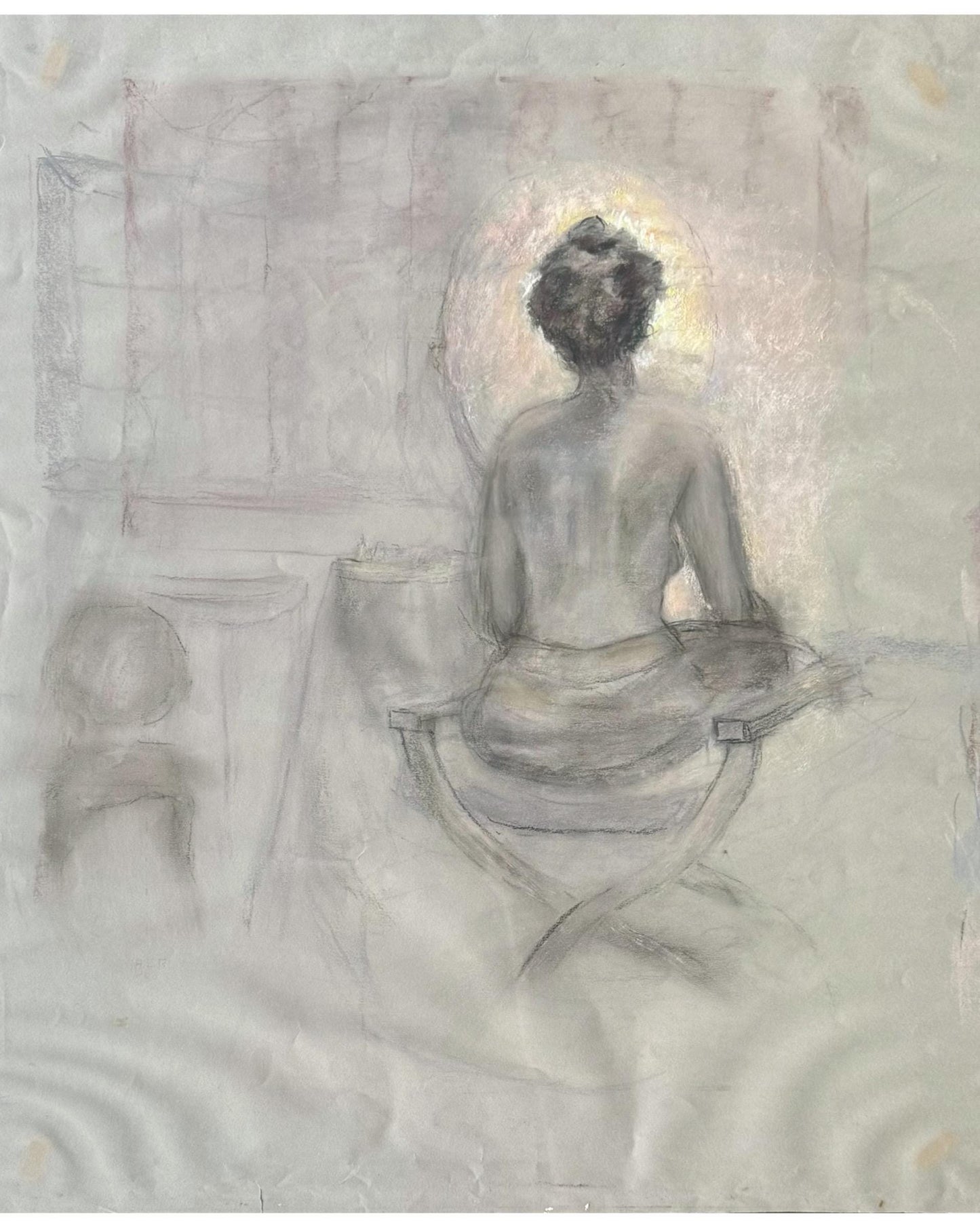 A Signed Dated Numbered Pastel Pencil Art Drawing Seated Woman Nude Sketch Art