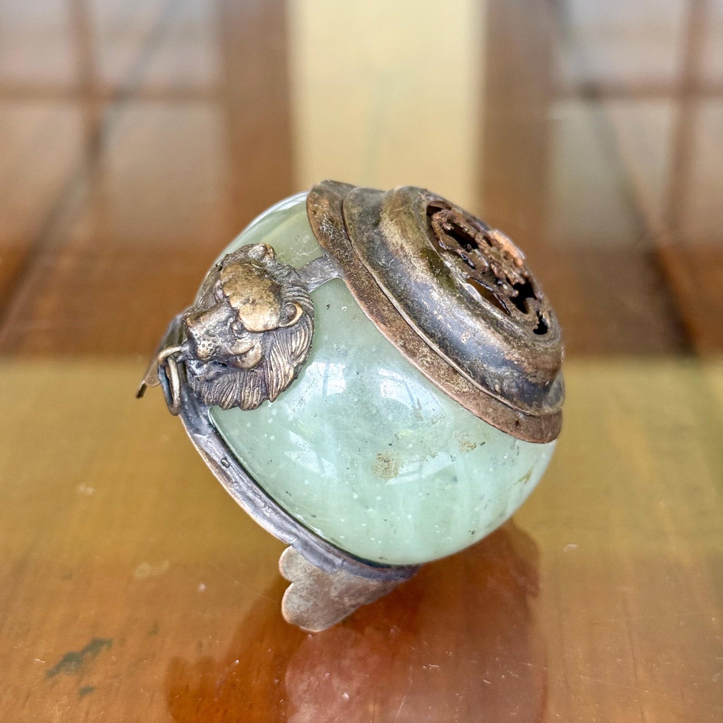 Antique Green Nephrite Jade and White Metal Foo Dog Dragon Incense Burner Jar Chinese