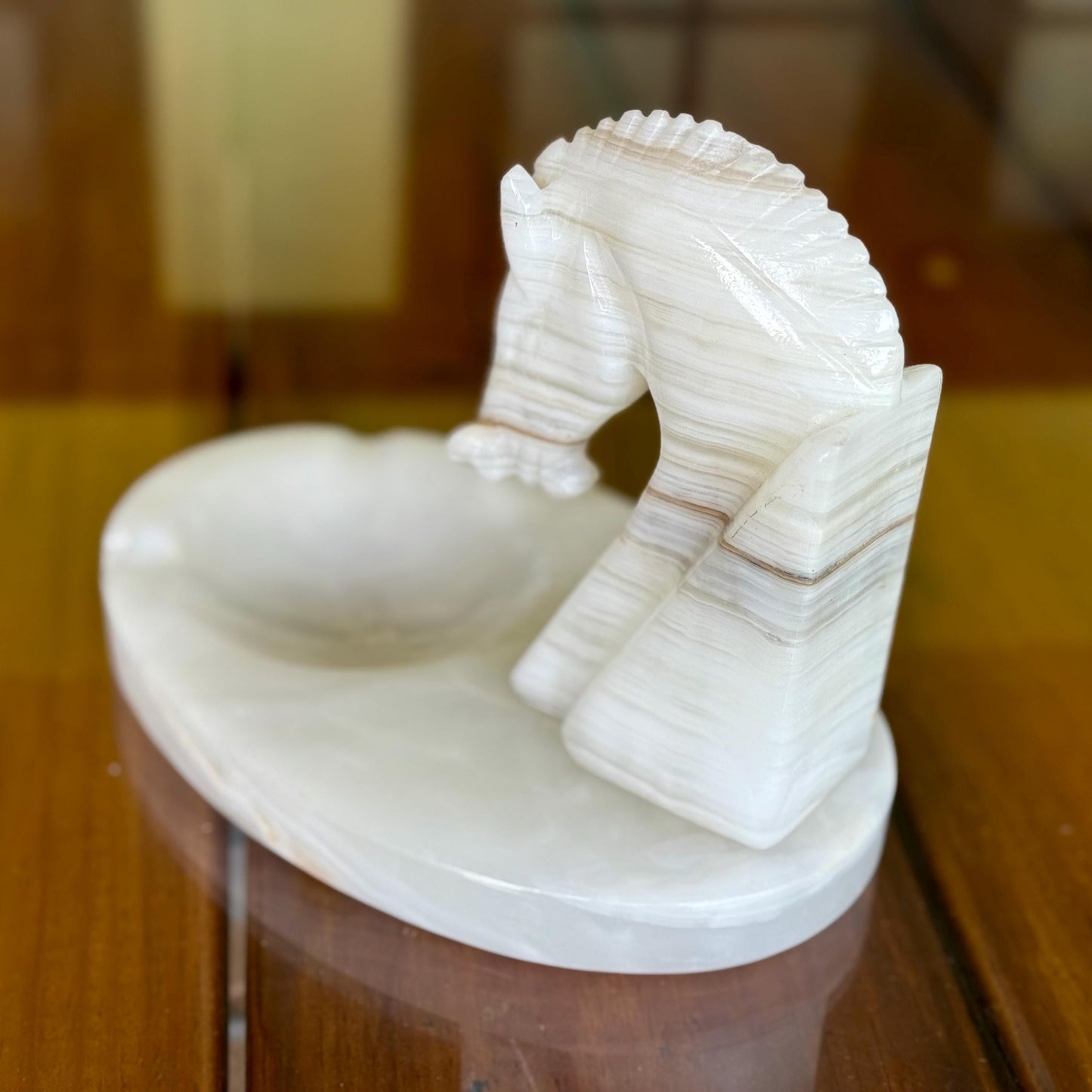 A Handmade Ashtray White Marble Onyx Sculptured Chess Trojan Horse Head Display