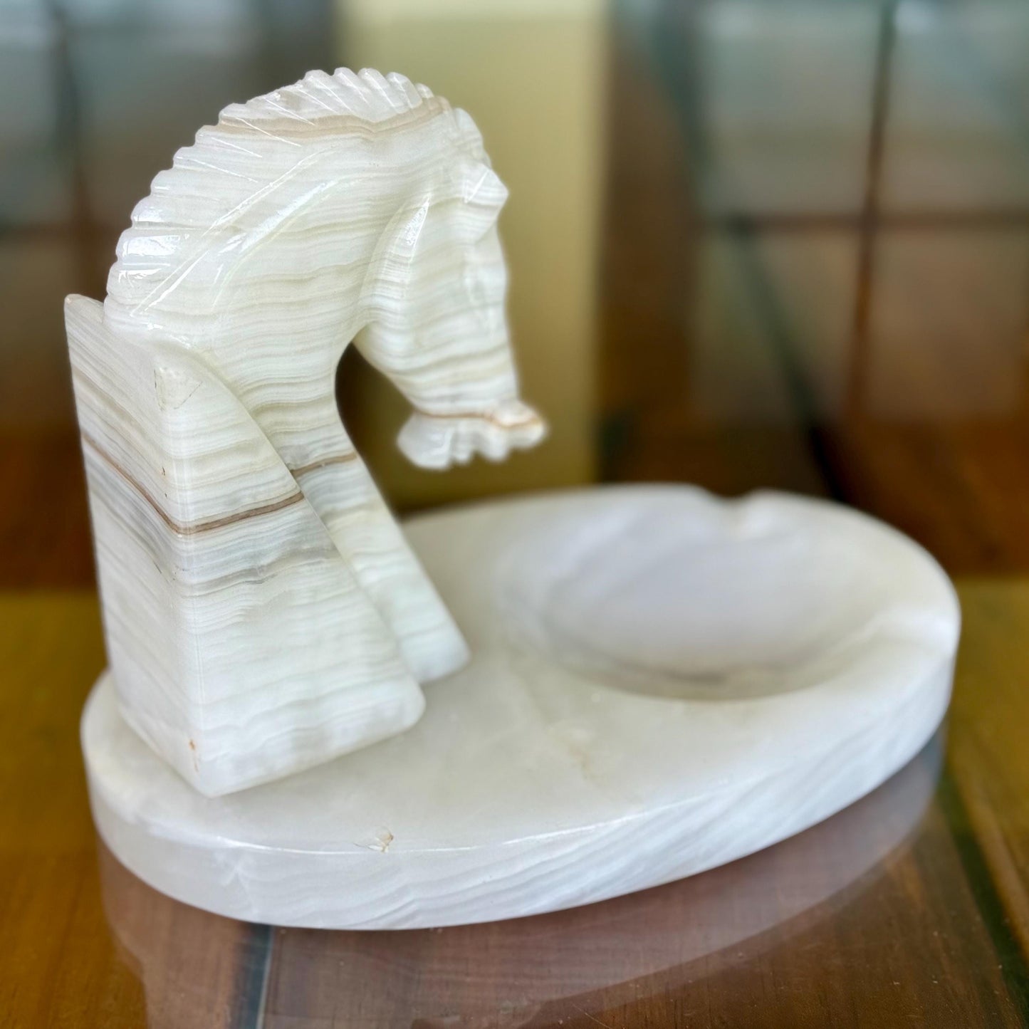 A Handmade Ashtray White Marble Onyx Sculptured Chess Trojan Horse Head Display