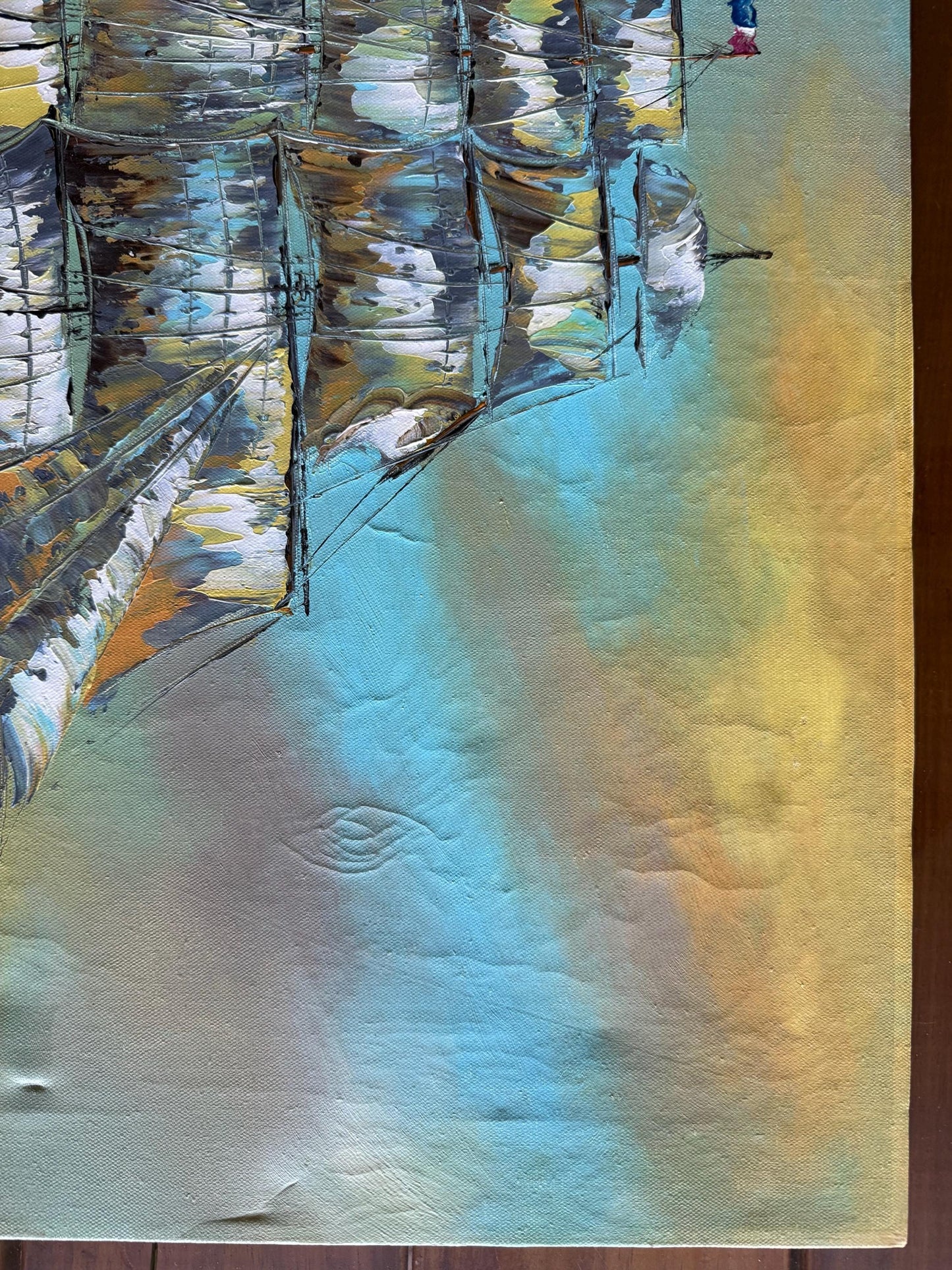 A Vtg Painted Canvas Signed Original Maritime 20th Century Ship Sea Art Y.Kinker