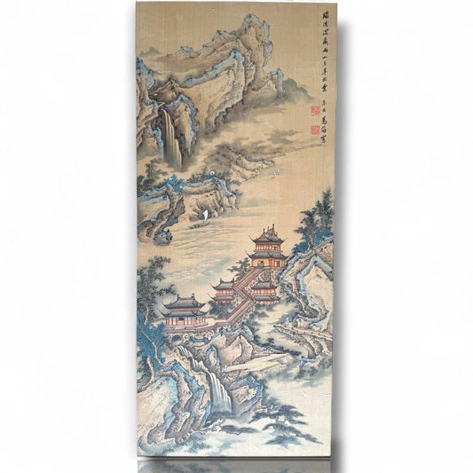 A Japanese Watercolor Painting Hanging Scroll Art Silk Mountain River Landscape